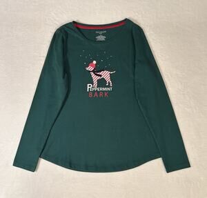 Talbots Petite SP Green Long Sleeve Scoop Neck Embroidered Dog Holiday T-Shirt